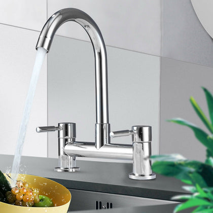 Modern Dual Lever Chrome Kitchen Sink Mixer Taps Deck Mounted Tap Faucet 2 Hole