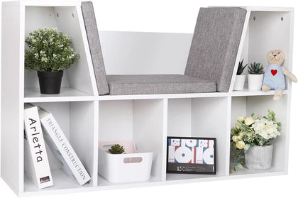 Wooden Bookcase Shelf Storage Seat Cushion Kids Children Bedroom Toys Organizer