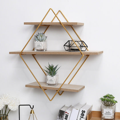 3 Tier Metal Wood Wall Mounted Shelf Home Office Diamond Display Shelving Rack