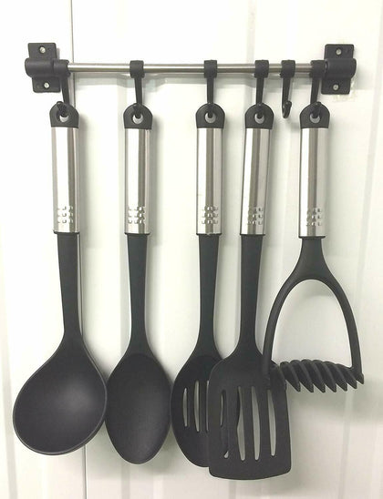 6 HOOK KITCHEN UTENSIL TOOL HOLDER STORAGE WALL RACK RAIL MOVABLE HOOKS FIXTURE