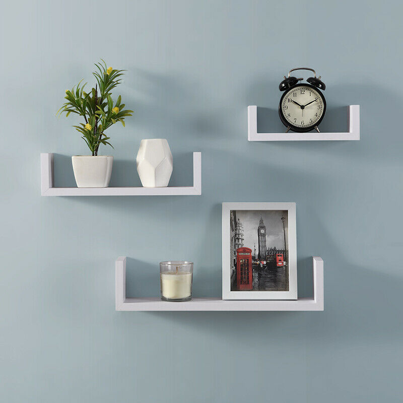 Set of 3 U Shape Floating Wall Shelf Storage Display White Black Oak Grey Blush