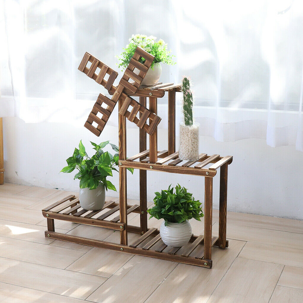 4 Tiers Flower Rack Wood Plant Stand Bonsai Display Shelf With Dutch Windmill