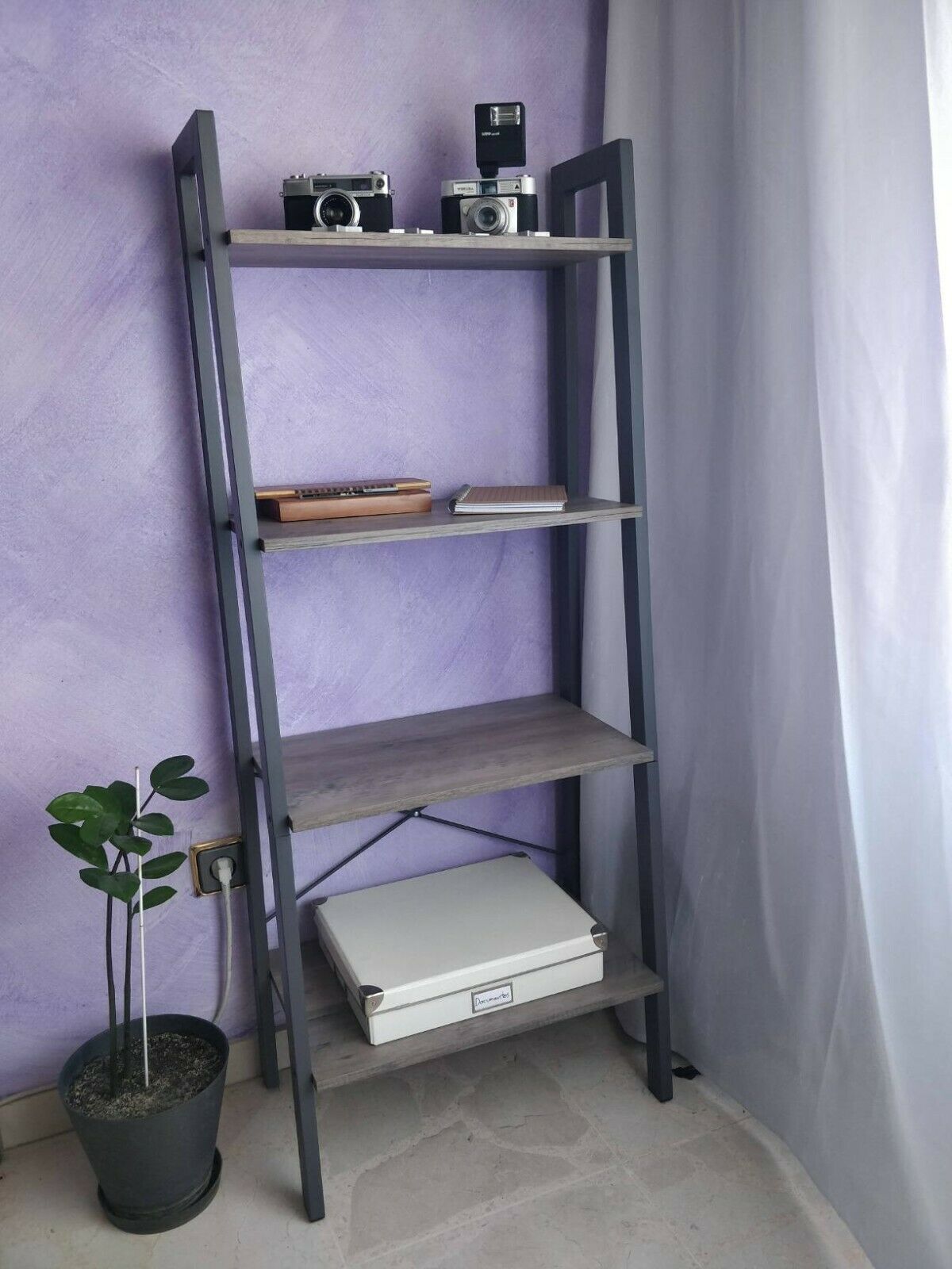 Industrial Plant Stand Vintage Bookcase Ladder Shelving Grey Display Rack Metal