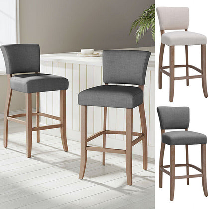 2pcs Pub Breakfast Bar Stool Linen Low Back Barstool High Chair Wooden Legs