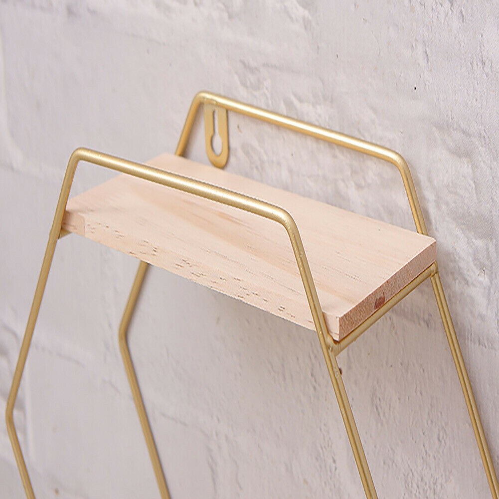 Hexagon Wall Mounted Shelf Display Rack Gold Metal Storage Shelving Home Decor