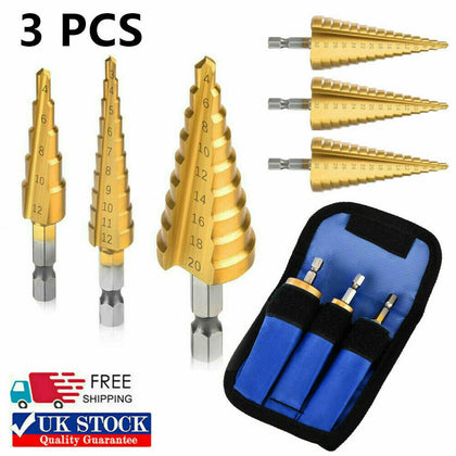 UK 3PCS Large HSS Steel Step Cone Drill Bit Set Titanium Hole Cutter +BLUE POUCH