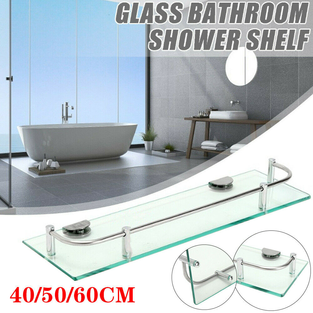 Glass Bathroom Caddy Shelf Wall Mounted Bath Rack Floating Shelves Organiser NEW