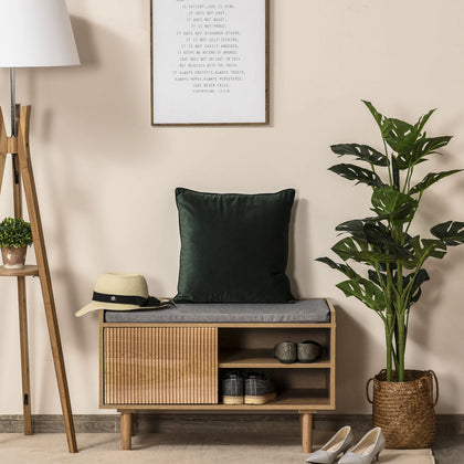 Shoe Bench Home Storage Organizer w/ Wood Legs Cushion Top Cabinet Shelves