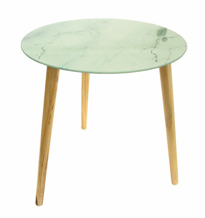 GiftDecor Marble Effect Glass Top 40cm Round Side Table with Wooden Legs