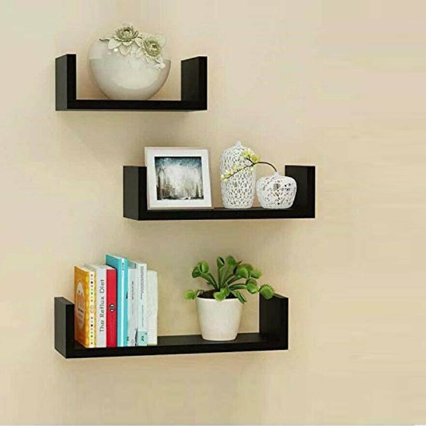 Set of 3 U Shape shelves Floating Wall Shelve Home Decor Storage Wood Shelf Unit