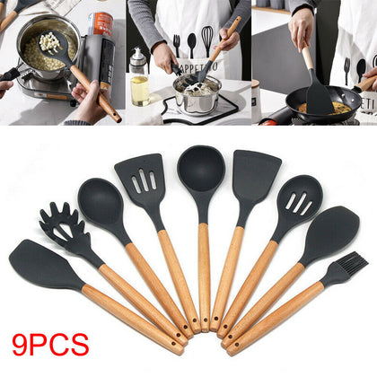 9pc Kitchen Utensil Cooking Set - Silicone/Stainless Steel/Wooden for Pots Pans