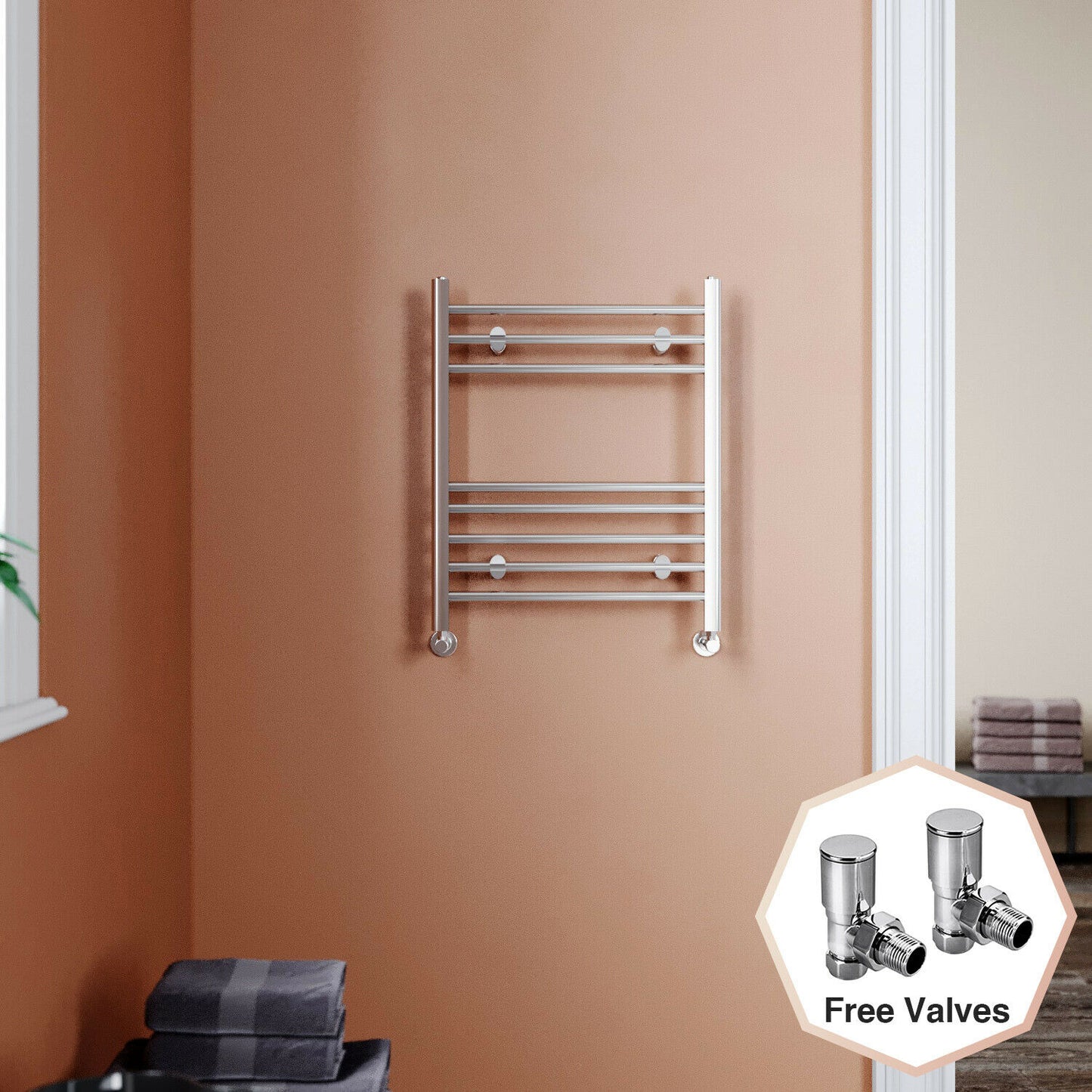 Chrome Towel Rail Radiator Rads Bathroom Heated Straight Ladder Warmer w/ Valves