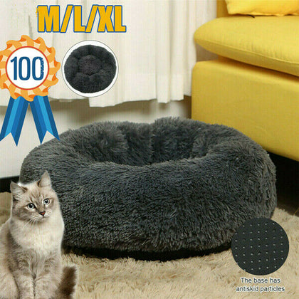 M-XL Soft Plush Comfy Calming Dog Bed Self-Warming Fluffy Anti Anxiety Donut Bed