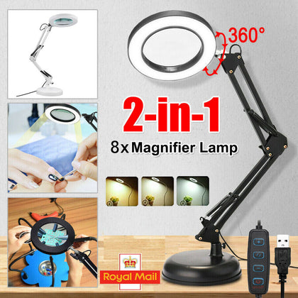 LED Large Lens Lighted Lamp Top Desk 8x Magnifier Magnifying Glass 3-Level Light