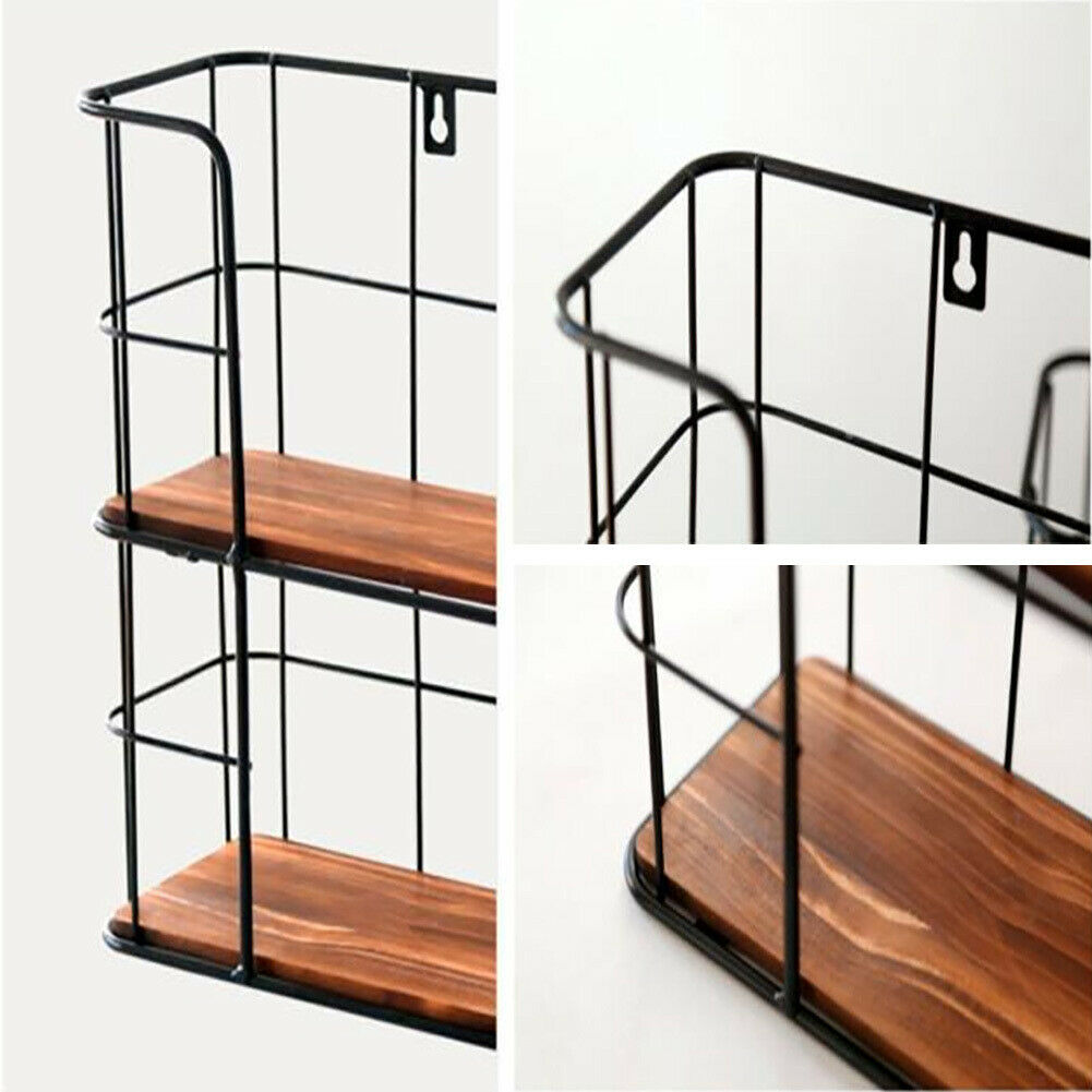 2 Tier Wall Mounted Metal Wire Wood Shelf Floating Shelves Kitchen Storage Rack