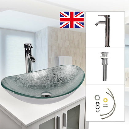 Bathroom Basin Sink Countertop Glass Sink Cloakroom Hand Wash Bowl Tap Waste Set