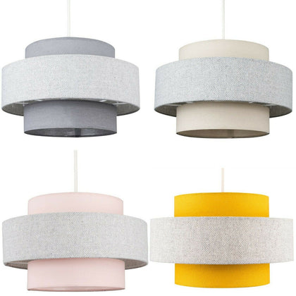 Modern Drum Ceiling Shades Fabric Two Tier Design Lights Easy Fit LED Lighting
