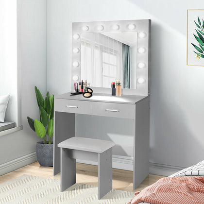 Dressing Table Stool Set LED Light Mirror Vanity Table Large Drawers Light Grey