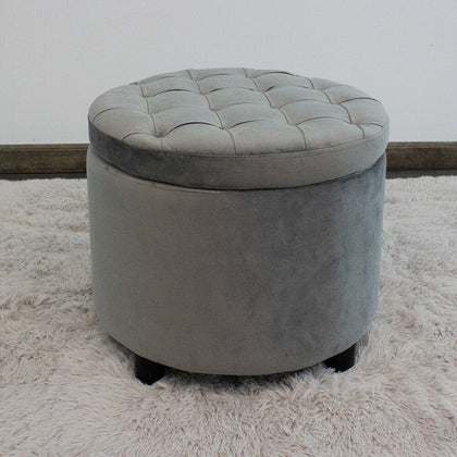 Grey Velvet Round Ottoman Storage Seat Stool.Traditional padded & tufted seat.