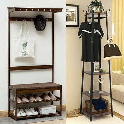 Industrial Hall Tree Hat and Coat Stand Hallway Wooden Shoe Rack Bench & Hooks