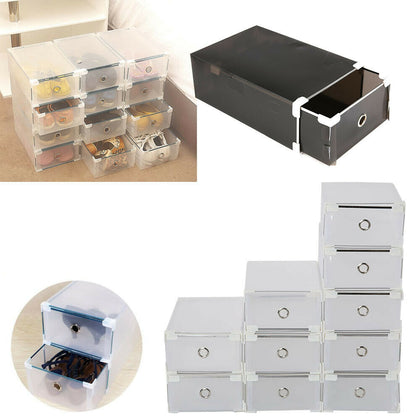 10x Plastic Shoe Storage Boxes Drawer Stackable Foldable Organiser Clear / Black