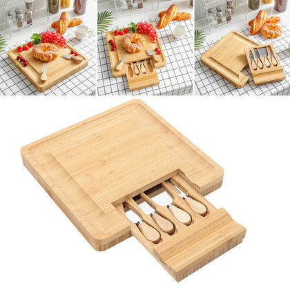 Bamboo Cheese Board Wooden Meat Serving Platter 4 Piece Cheese Knife Cutlery Set