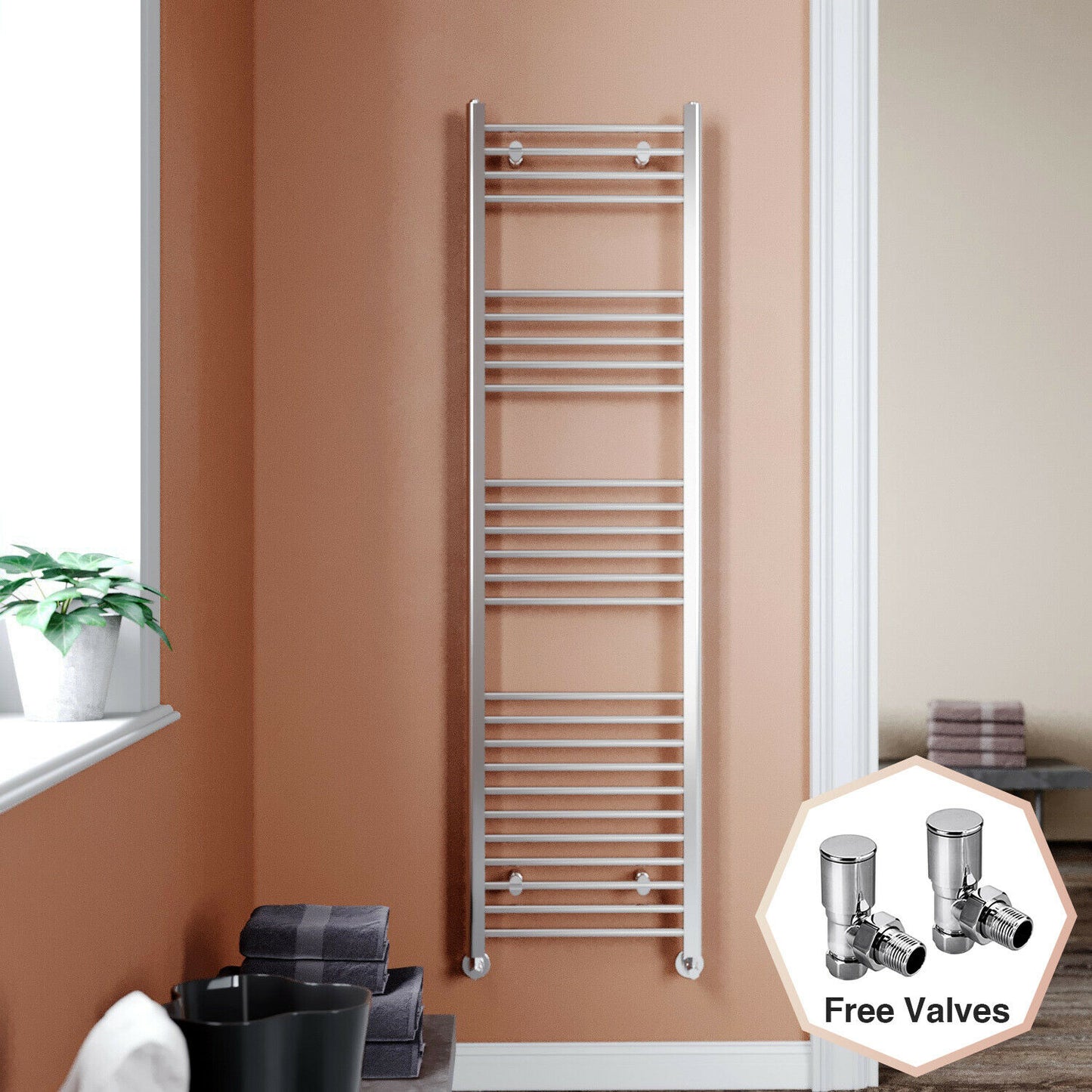 Chrome Towel Rail Radiator Rads Bathroom Heated Straight Ladder Warmer w/ Valves