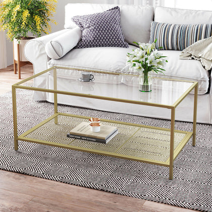 Coffee Table, Cocktail Table with Tempered Glass Top and Mesh Shelf LGT031A01