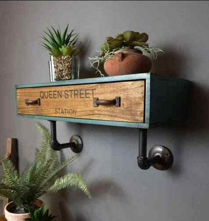Industrial Wall Shelf Vintage Retro Unit Small Storage Drawer Rustic Metal Pipe