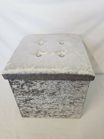 Crushed Velvet Toy Diamante Ottoman Folding Storage Pouffe Box Stool Seat Silver