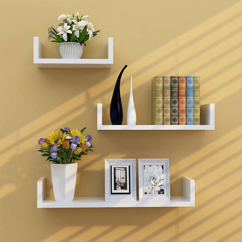 Set of 3 U Shape Floating Wall Shelves Storage Display Shelf Wooden Home Décor