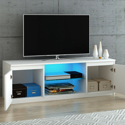 Modern LED TV Unit Stand Cabinet Grey High Gloss 2 Doors Glass Shelves Living