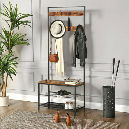 Coat Stand Hallway Shoe Rack Hanger Shelf Footwear Storage Vintage Wooden Black