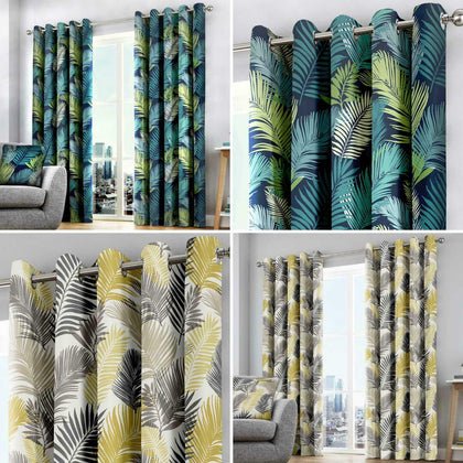 Tropical Eyelet Curtains Palm Leaf Print Ready Made Lined Ring Top Curtain Pairs