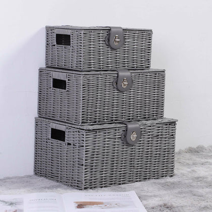 Set of 3 Storage Basket Resin Wicker Woven Hamper Box With Lid & Lock Stackable