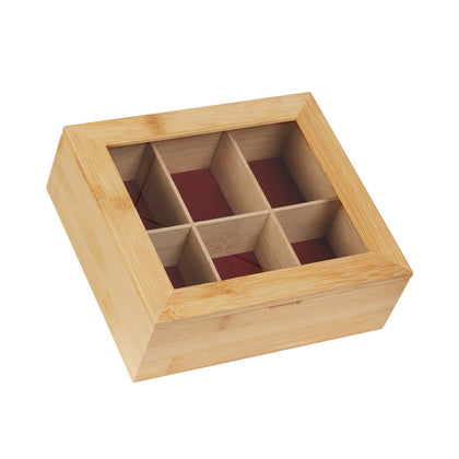 Wooden Tea Box with Glass Lid 6 Compartment Section Bag Storage Organiser Chest
