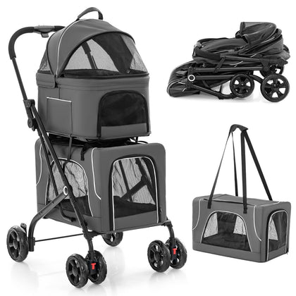 Double-Layer Pet Stroller Pushchair 3-in-1 Folding Dog Cat Walk Travel Carrier