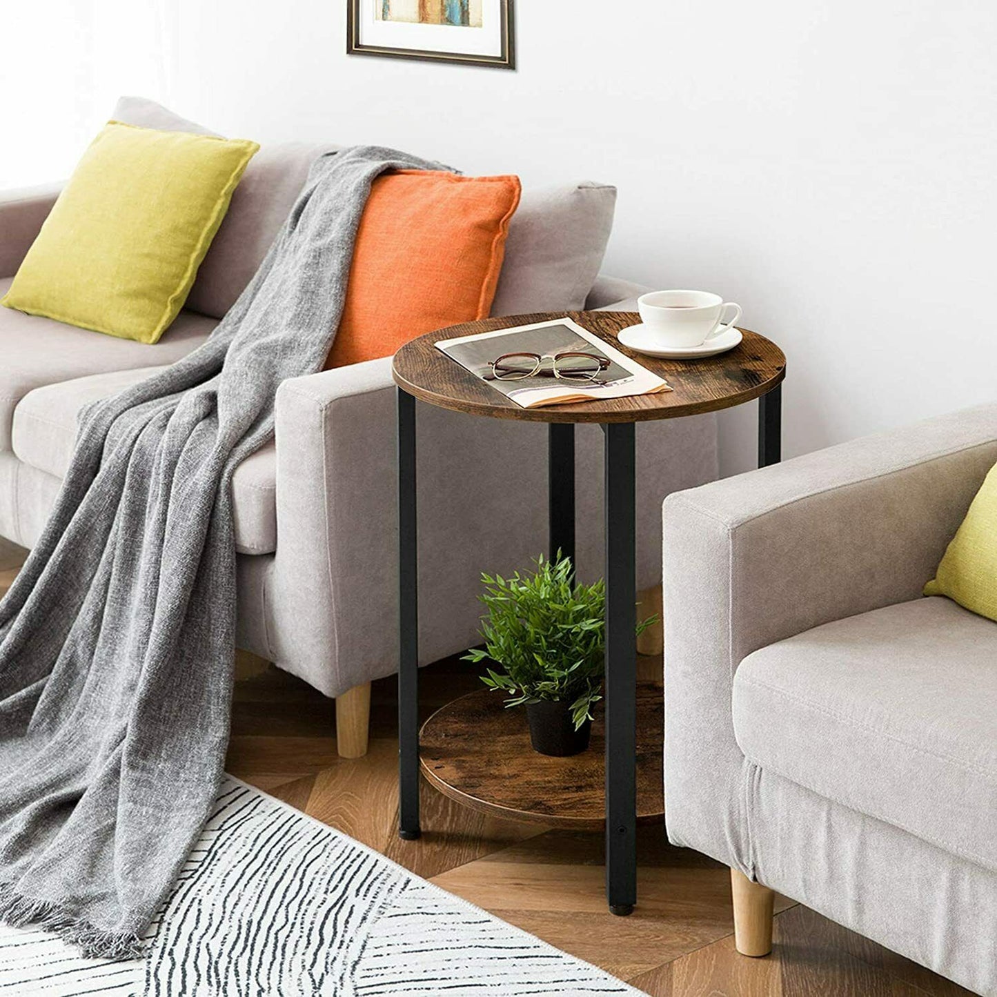 HOOBRO Round Side Table End Table Bedside Table 2-Layer Sofa Table Living Room
