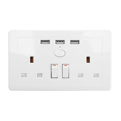 Double Wall UK Plug Socket 2 Gang 13A + 3 USB Charger Port Outlets Plate UK