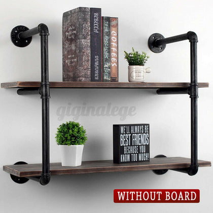 2Tier DIY Industrial Iron Pipe Shelf Rustic Wall Floating Shelving Brackets Home