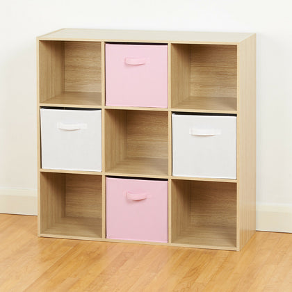 Oak 9 Cube Storage Unit White & Pink Boxes Childrens/Kids Bedroom Toy Basket/Box