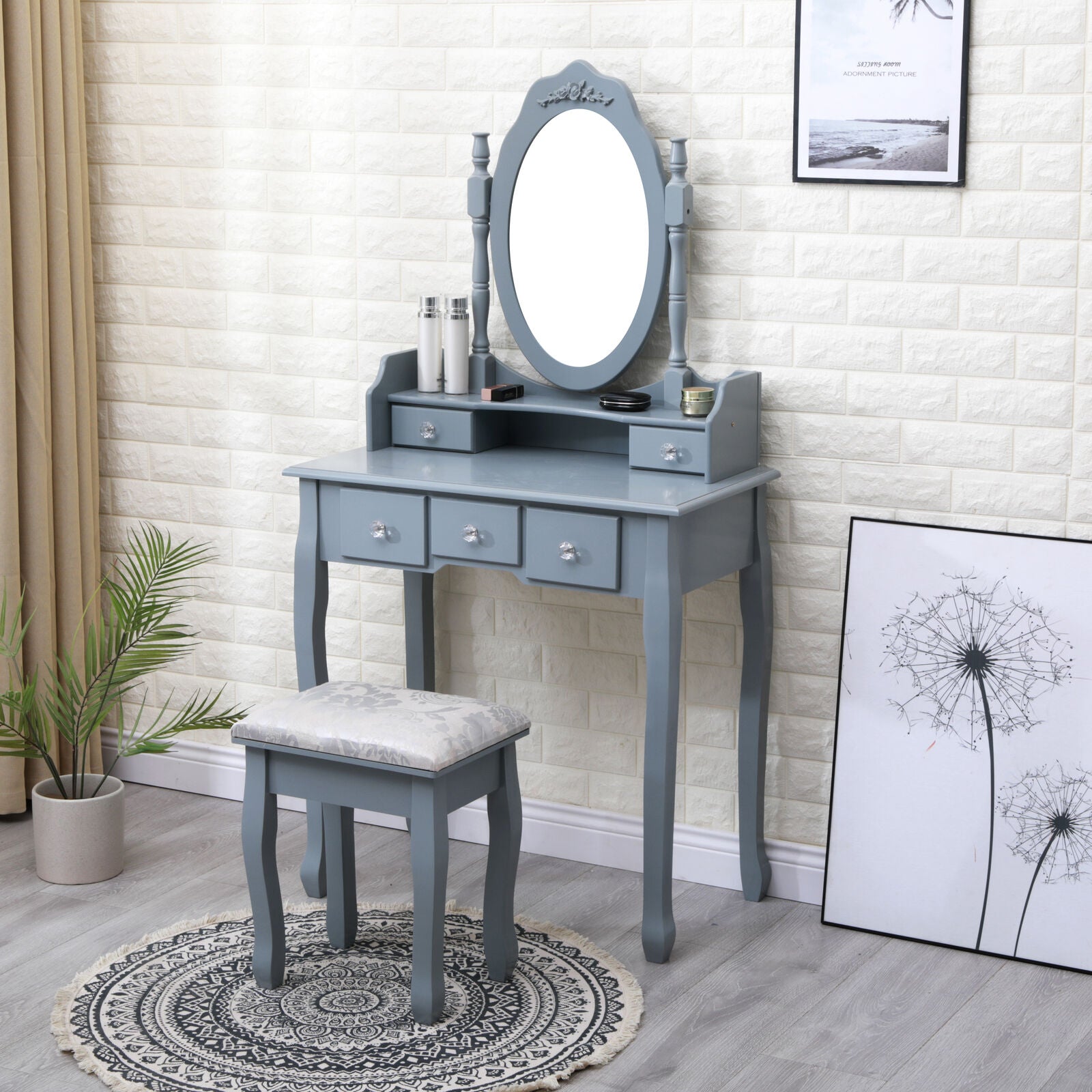 5 Drawer Grey Dressing Table Bedroom Vanity Unit, Oval MirrorStool Set Quildinc 5 Drawer Grey Dressing Table Bedroom Vanity Unit, Oval MirrorStool Set Quildinc
