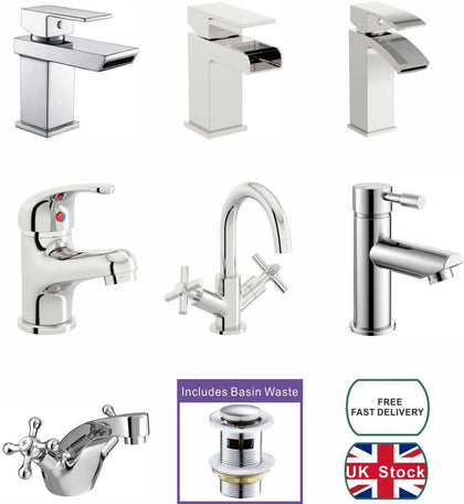 Cloakroom Chrome Luxury Bathroom Modern Basin Sink Mono Square Mixer Tap & Waste