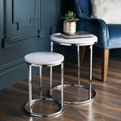 White High Gloss Nest of 2 Round Tables With shiny Chrome Legs Coffee Side Table