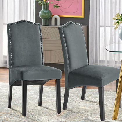 Set of 2/4 Velvet Grey Kitchen Dining Chair High Back Knocker Studded Chairs