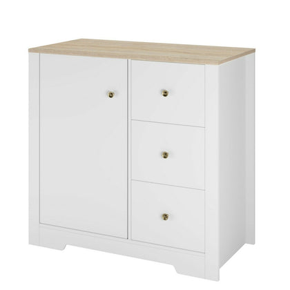 White Sideboard Wooden Cabinet with 3 Drawers 1 Door for Livingroom Kitchen