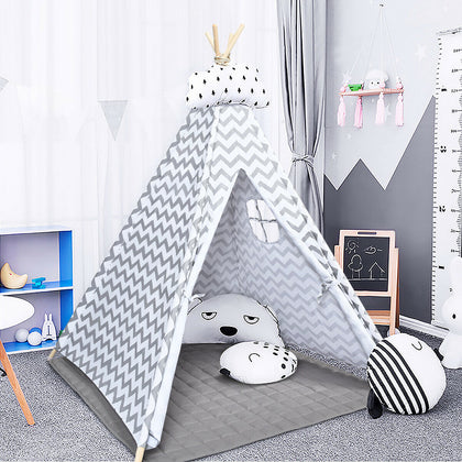 Kids Teepee Tent With Floor Mat Cotton Canvas Indian Indoor Outdoor Play House