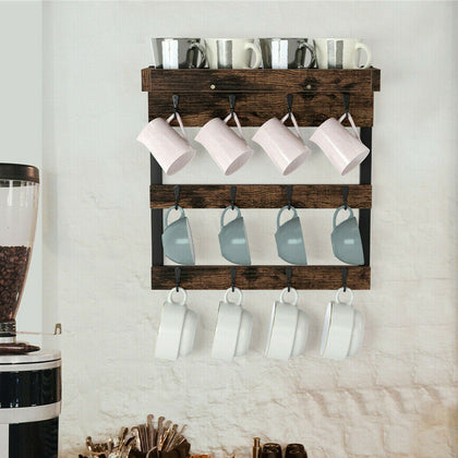 Wall Mounted Mug Cup Rack Wooden Holder Rustic Display Storage Shelf w/ 12 Hooks