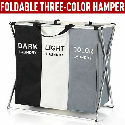 3 COMPARTMENT LAUNDRY CLOTHES WASHING STORAGE BIN BASKET HAMPER DARK LIGHT COLOR