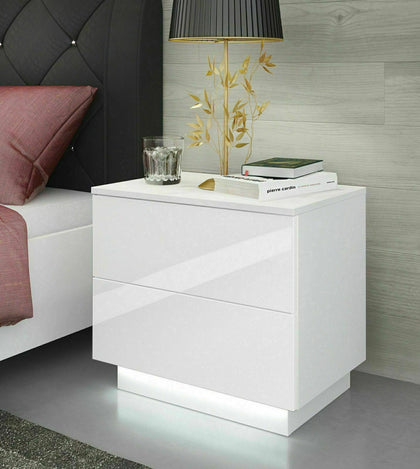 High Gloss Bedside Table Nightstand Cabinet 2 Drawers RGB LED Light Modern White